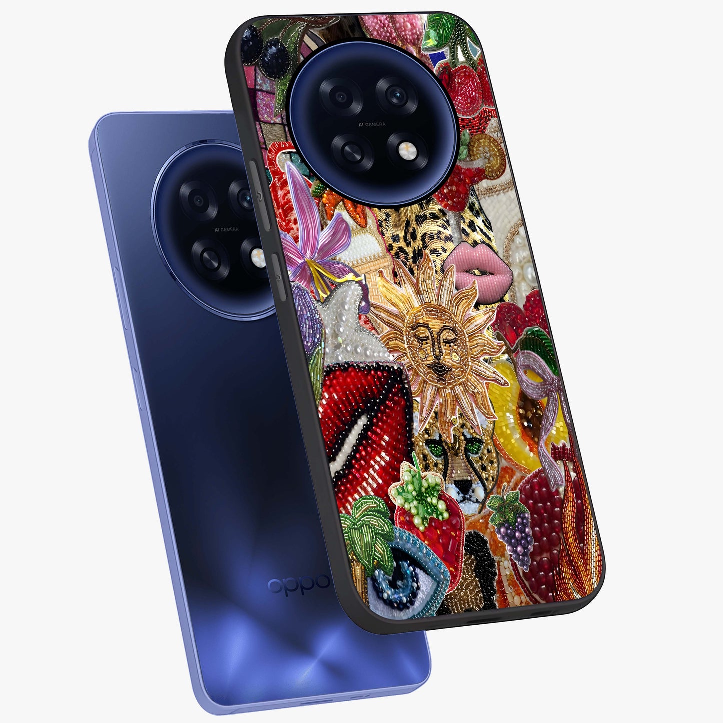 Beaded Fashion Jungle Glass Case displayed in angled mockup highlighting colorful fashion bead design and artistic pattern.