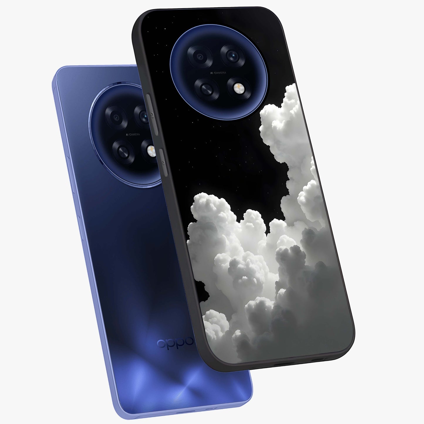 Black Background With White Cloud Glass Case displayed in angled mockup highlighting soft white cloud illustration and minimal design.