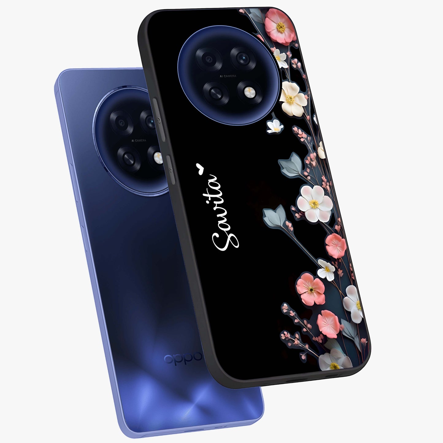Black Elegance Floral Custom Name Glass Case displayed in angled mockup highlighting dark floral aesthetic and custom name feature.