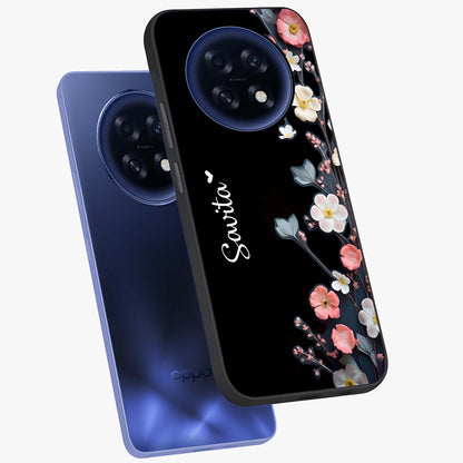 Black Elegance Floral Custom Name Glass Case displayed in angled mockup highlighting dark floral aesthetic and custom name feature.