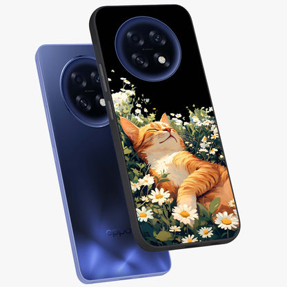 Blissful Bloom Cat Glass Case displayed in angled mockup highlighting playful feline illustration with soft floral aesthetic.