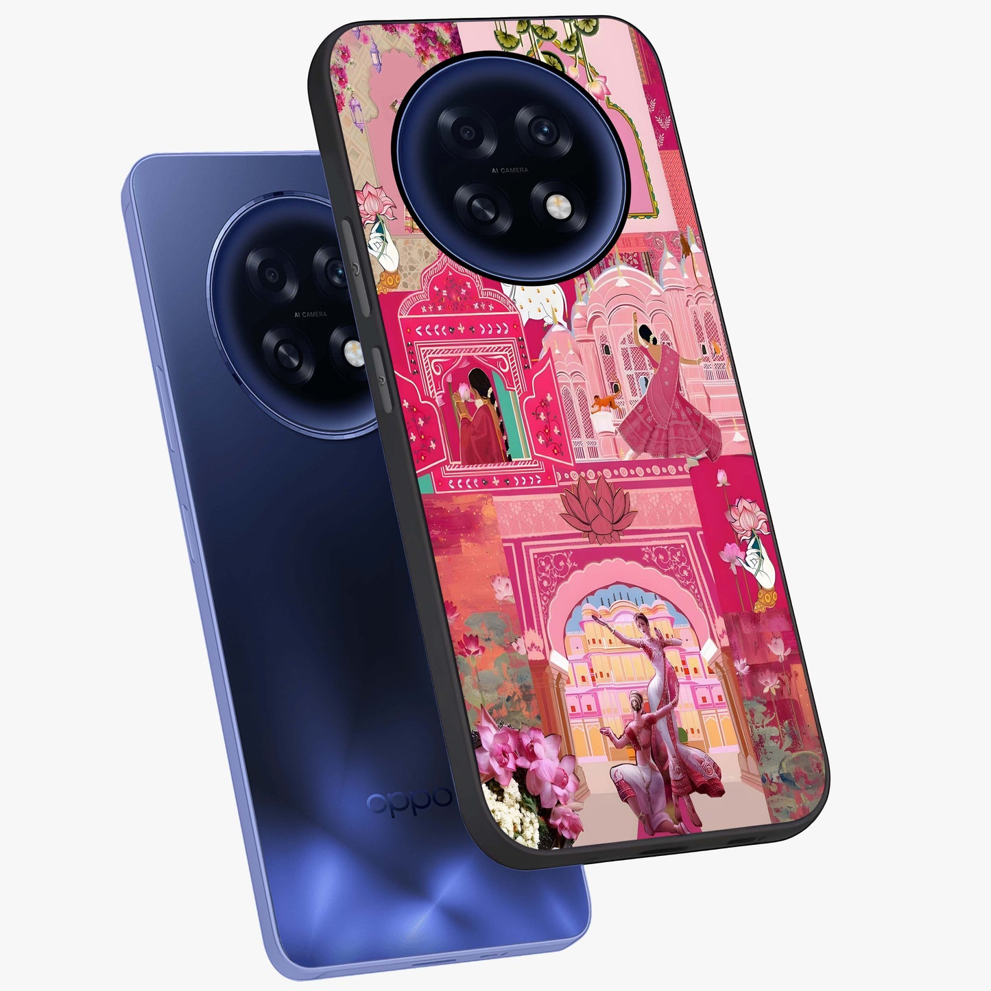 Blossoms of Rajasthan Glass Case displayed in angled mockup highlighting vibrant floral pattern with cultural aesthetic style.