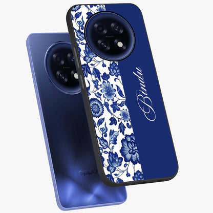 Blue Vintage Floral Pattern Glass Case displayed in angled mockup highlighting subtle bloom pattern with aesthetic pastel design.