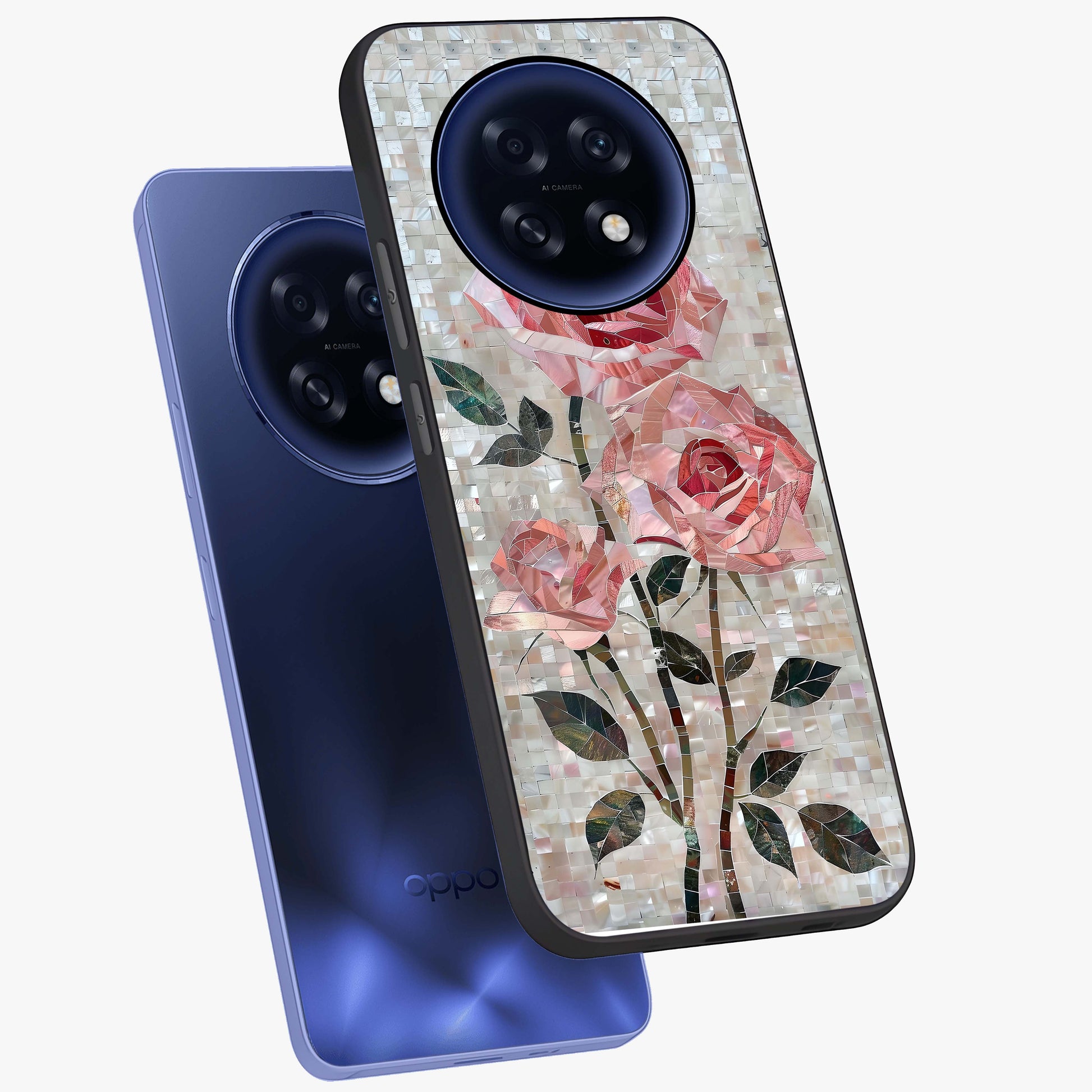 Blush Mosaic Bloom Glass Case displayed in angled mockup highlighting artistic mosaic flower pattern with aesthetic design.