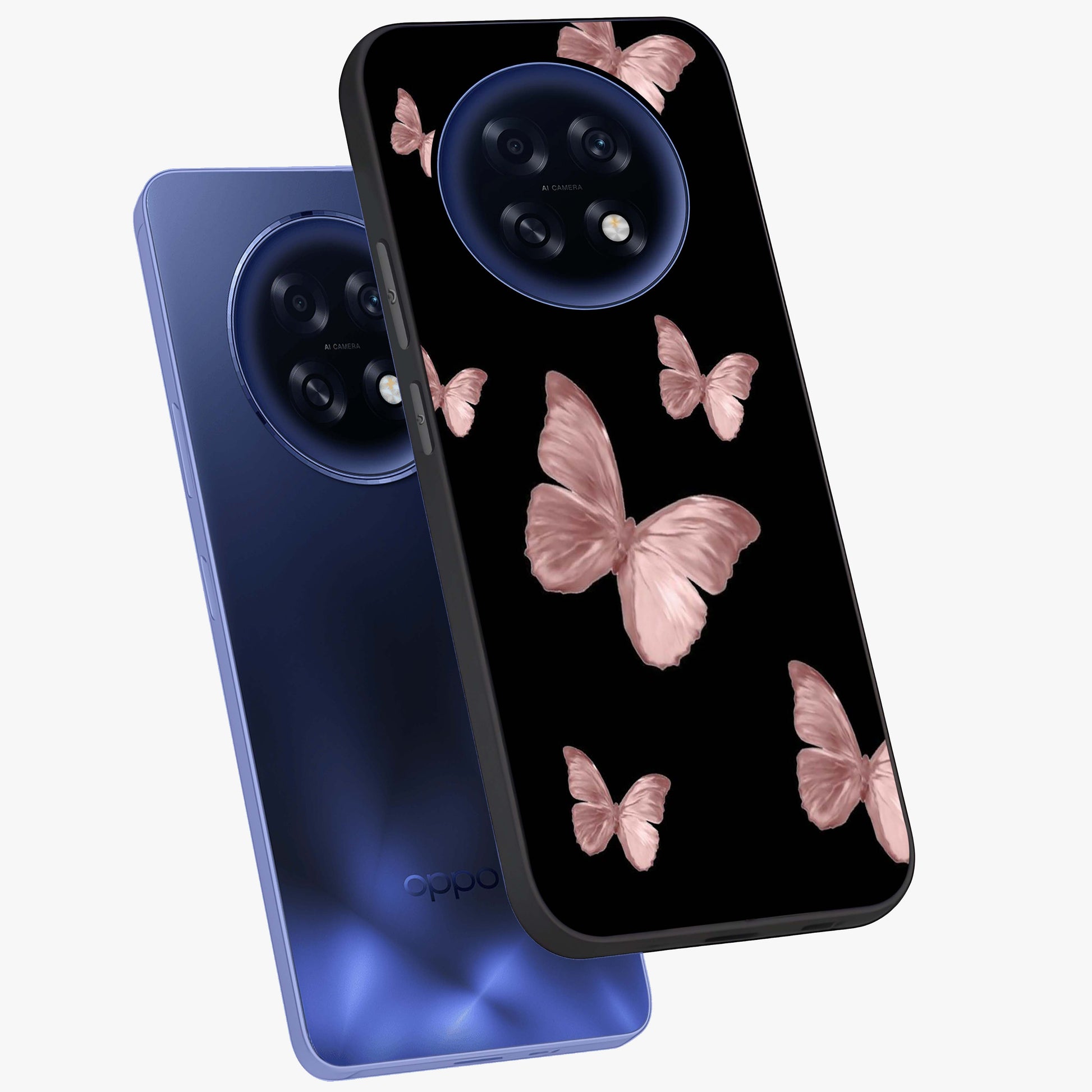 Butterfly Pattern Glass Case displayed in angled mockup highlighting delicate butterfly design and aesthetic pattern style.