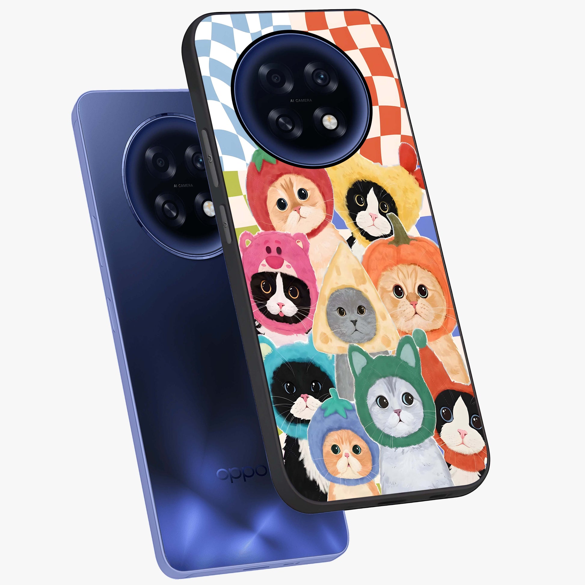 Cats in Fruits Glass Case displayed in angled mockup highlighting cute feline fruit design with colorful aesthetic style.
