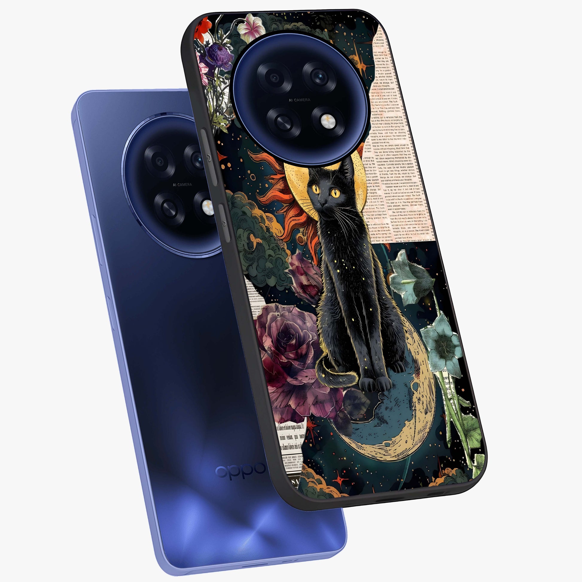 Celestial Black Cat Glass Case displayed in angled mockup highlighting cosmic black cat design with celestial aesthetic.
