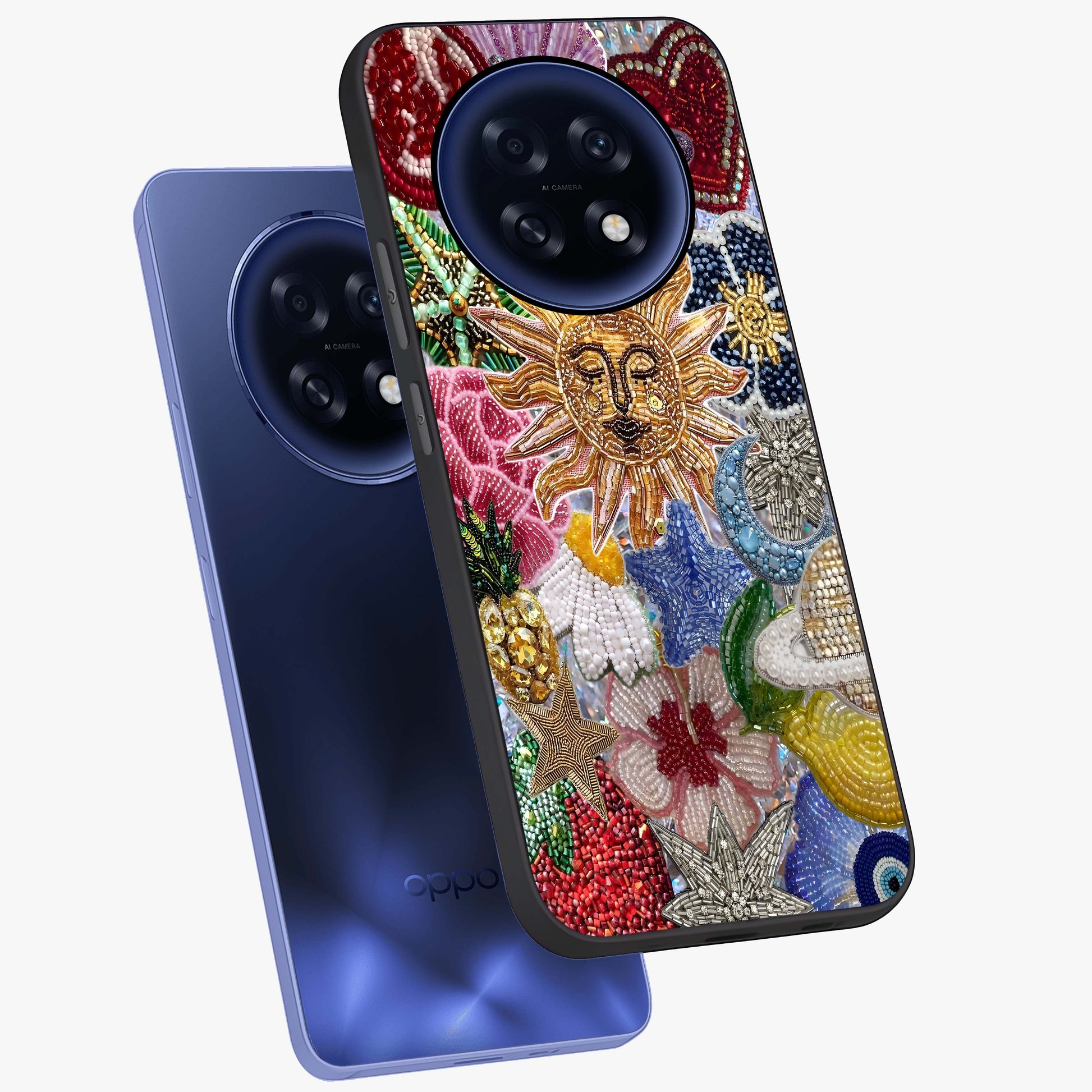 Celestial Floral and Playful Glass Case displayed in angled mockup highlighting playful floral design with dreamy celestial elements.
