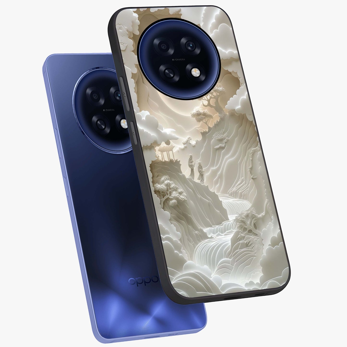 Celestial Origami Glass Case displayed in angled mockup highlighting geometric origami design with cosmic aesthetic theme.
