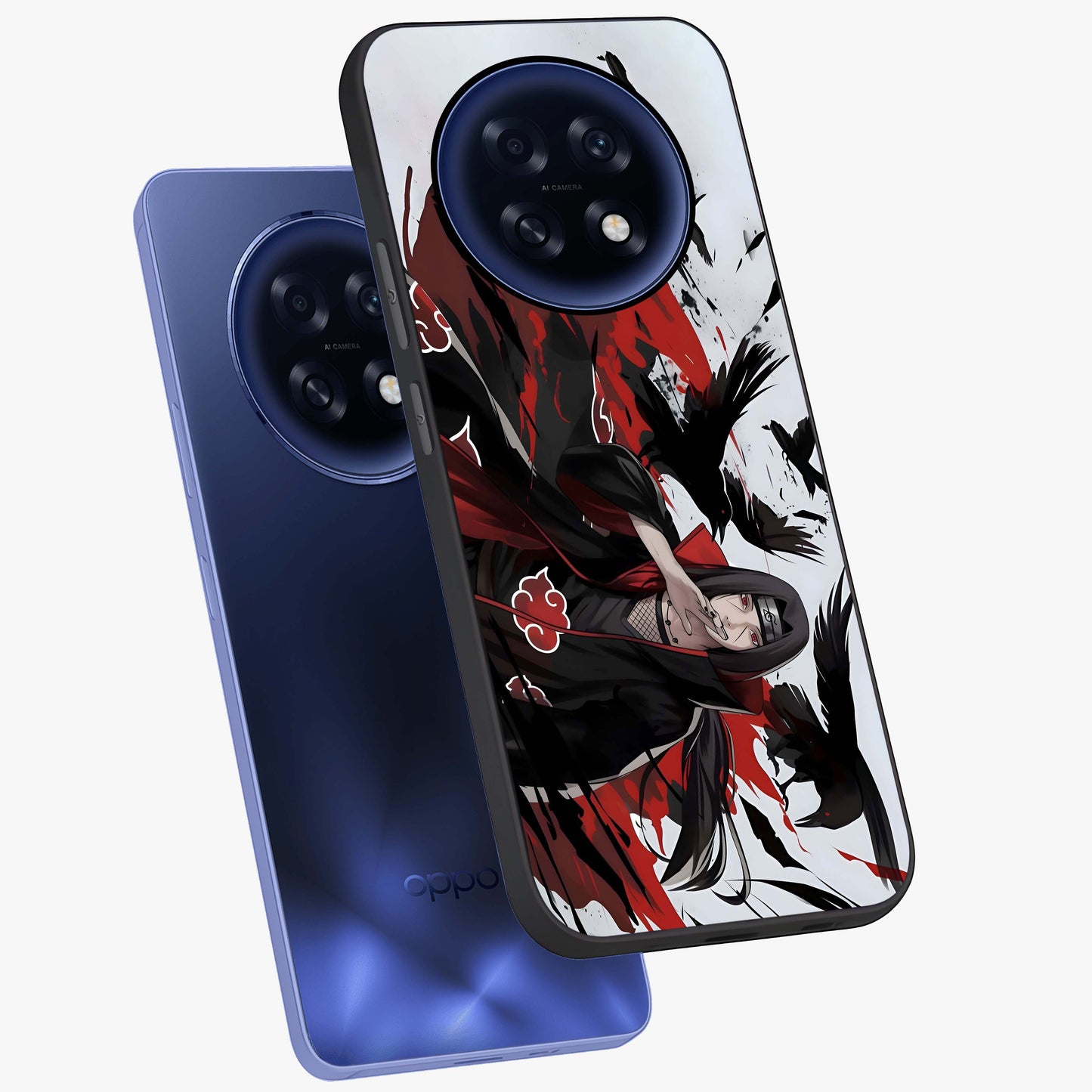 Crimson Crow Illusion Glass Case displayed in angled mockup highlighting mysterious crow graphic with dark aesthetic style.