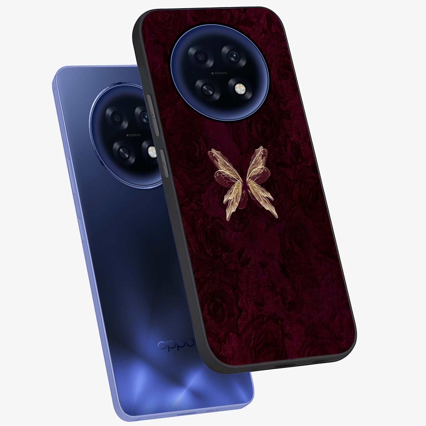 Crimson Fade Butterfly Glass Case displayed in angled mockup highlighting elegant butterfly design with crimson gradient aesthetic.