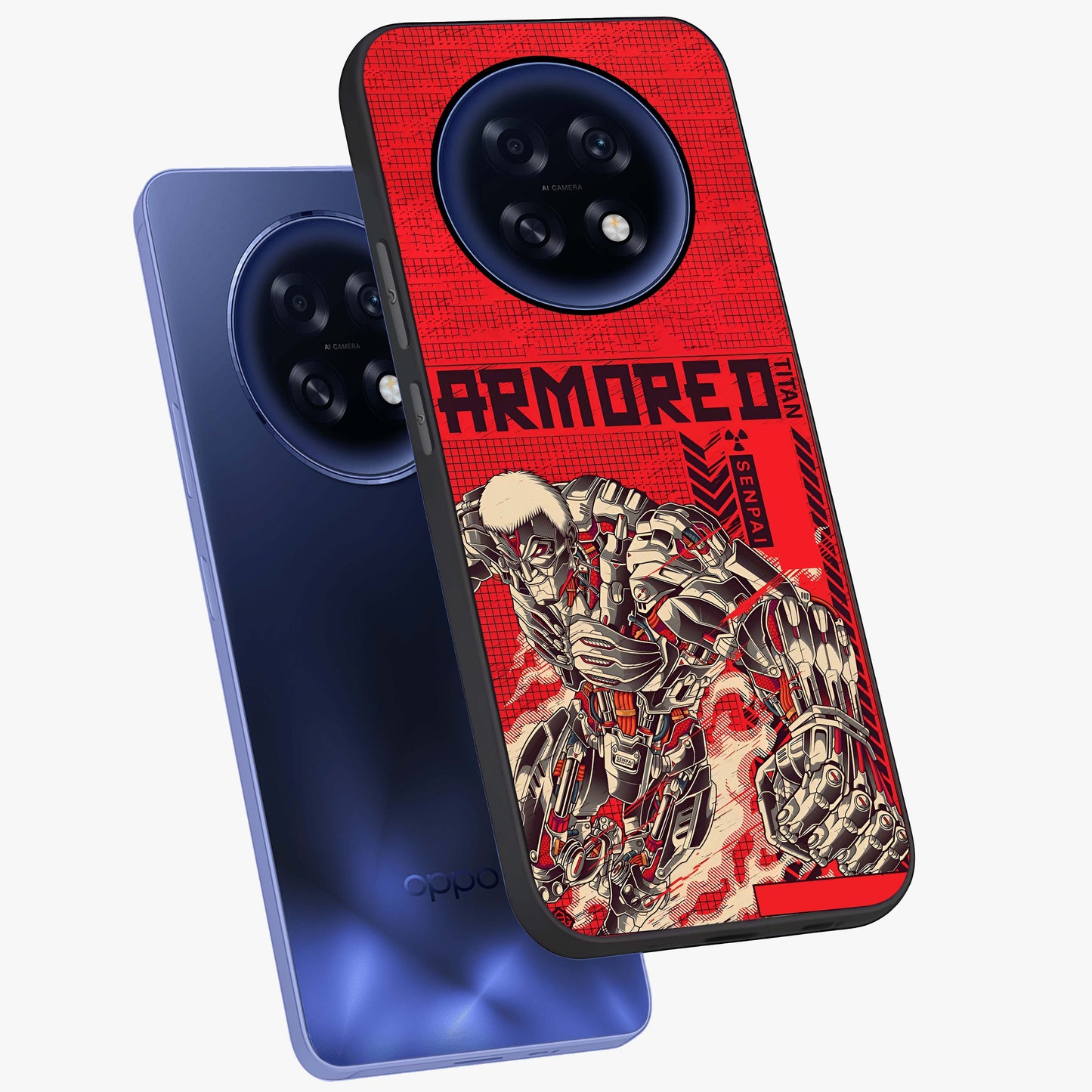 Crimson Mecha Titan Glass Case displayed in angled mockup highlighting futuristic mech illustration with bold crimson aesthetic.
