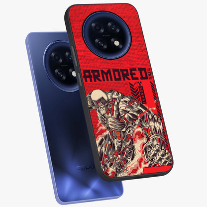 Crimson Mecha Titan Glass Case displayed in angled mockup highlighting futuristic mech illustration with bold crimson aesthetic.