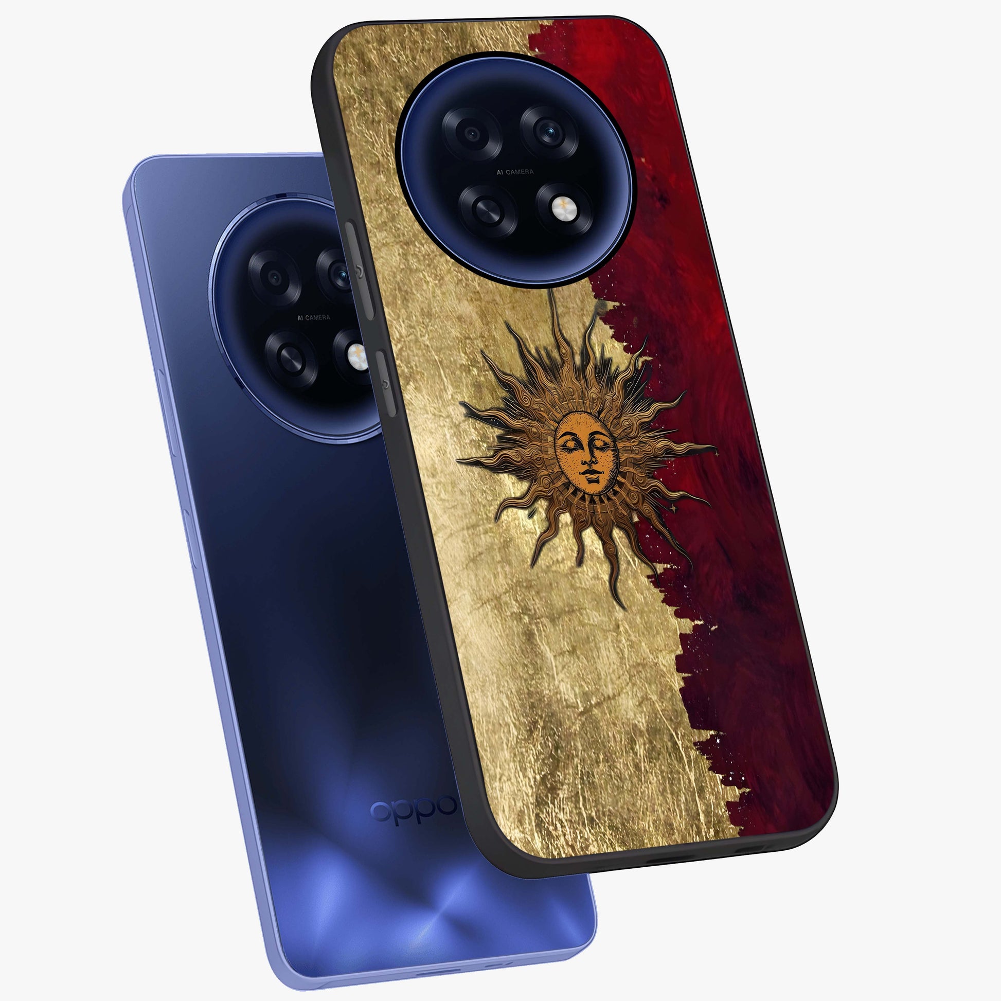Crimson Sun Majesty Glass Case displayed in angled mockup highlighting majestic crimson sun design with bold aesthetic style.