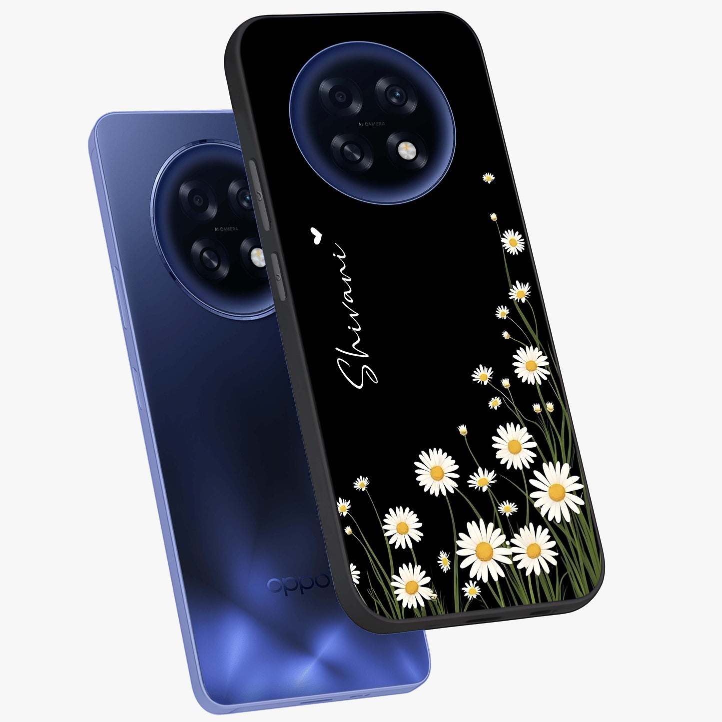 Daisy Cascade Custom Name Glass Case displayed in angled mockup highlighting delicate daisy artwork with custom name feature.