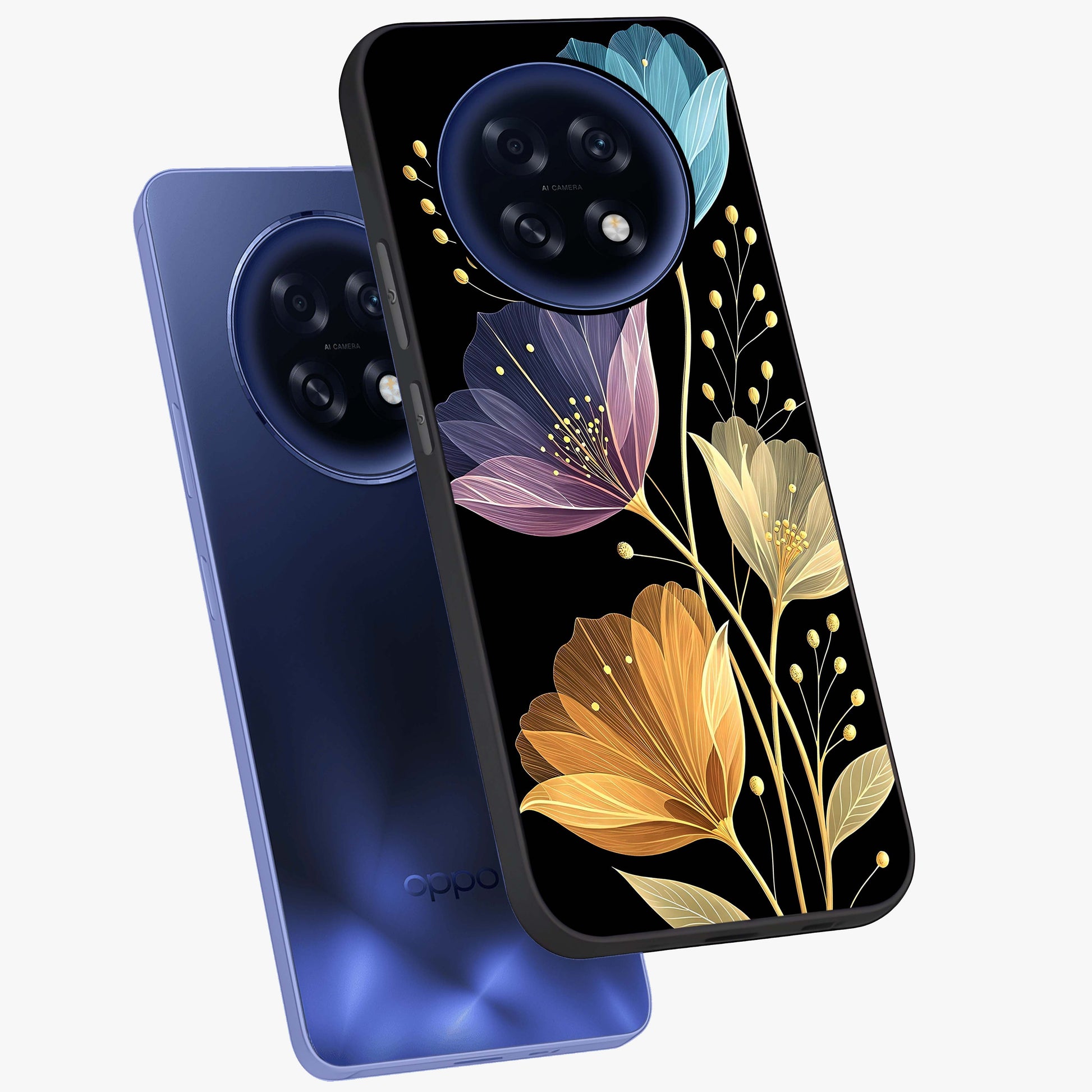 Delicate Multicolor Flowers Glass Case displayed in angled mockup highlighting colorful flower pattern with soft aesthetic style.