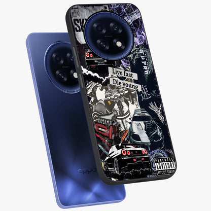 Die Young Glass Case displayed in angled mockup highlighting expressive graphic artwork with edgy aesthetic style.