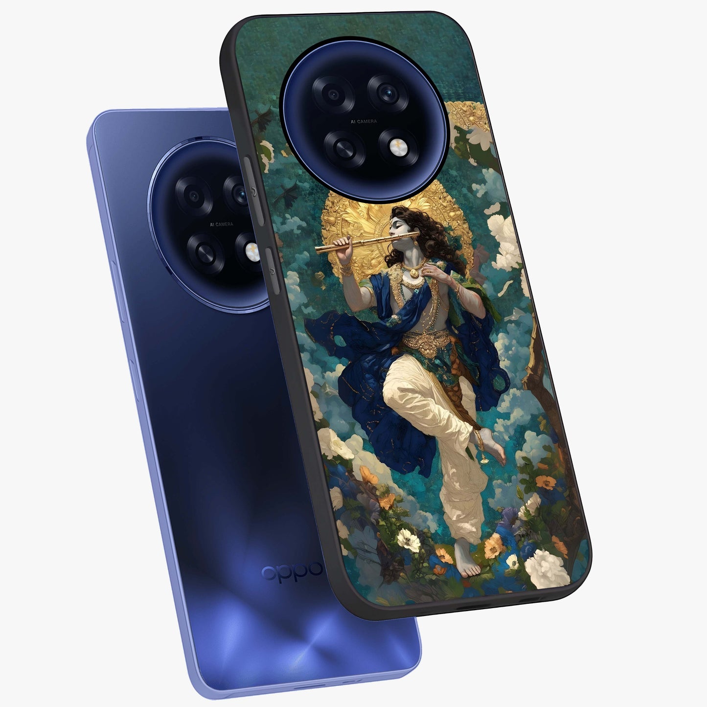 Divine Krishna Art Glass Case displayed in angled mockup highlighting spiritual Krishna illustration with devotional aesthetic.