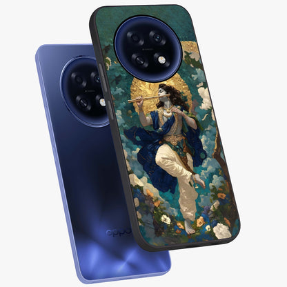 Divine Krishna Art Glass Case displayed in angled mockup highlighting spiritual Krishna illustration with devotional aesthetic.
