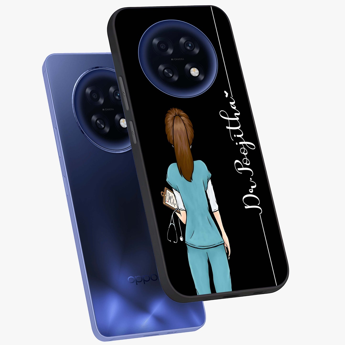 Doctor Pattern Custom Name Glass Case displayed in angled mockup highlighting doctor inspired artwork with custom name feature.