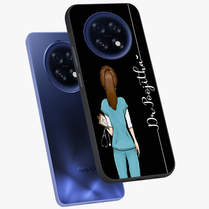 Doctor Pattern Custom Name Glass Case displayed in angled mockup highlighting doctor inspired artwork with custom name feature.
