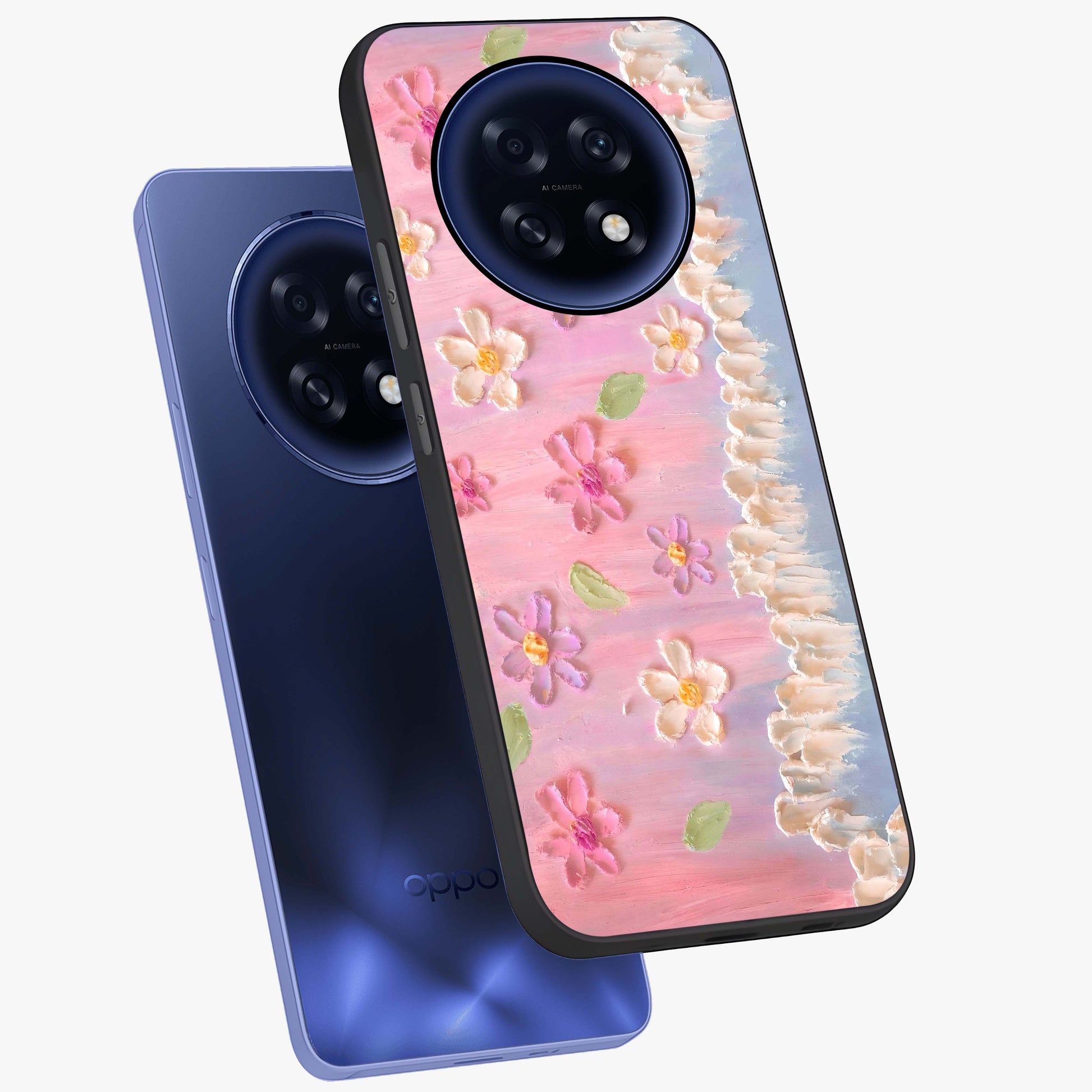 Dreamy Painted Garden Glass Case displayed in angled mockup highlighting colorful garden illustration with dreamy aesthetic style.