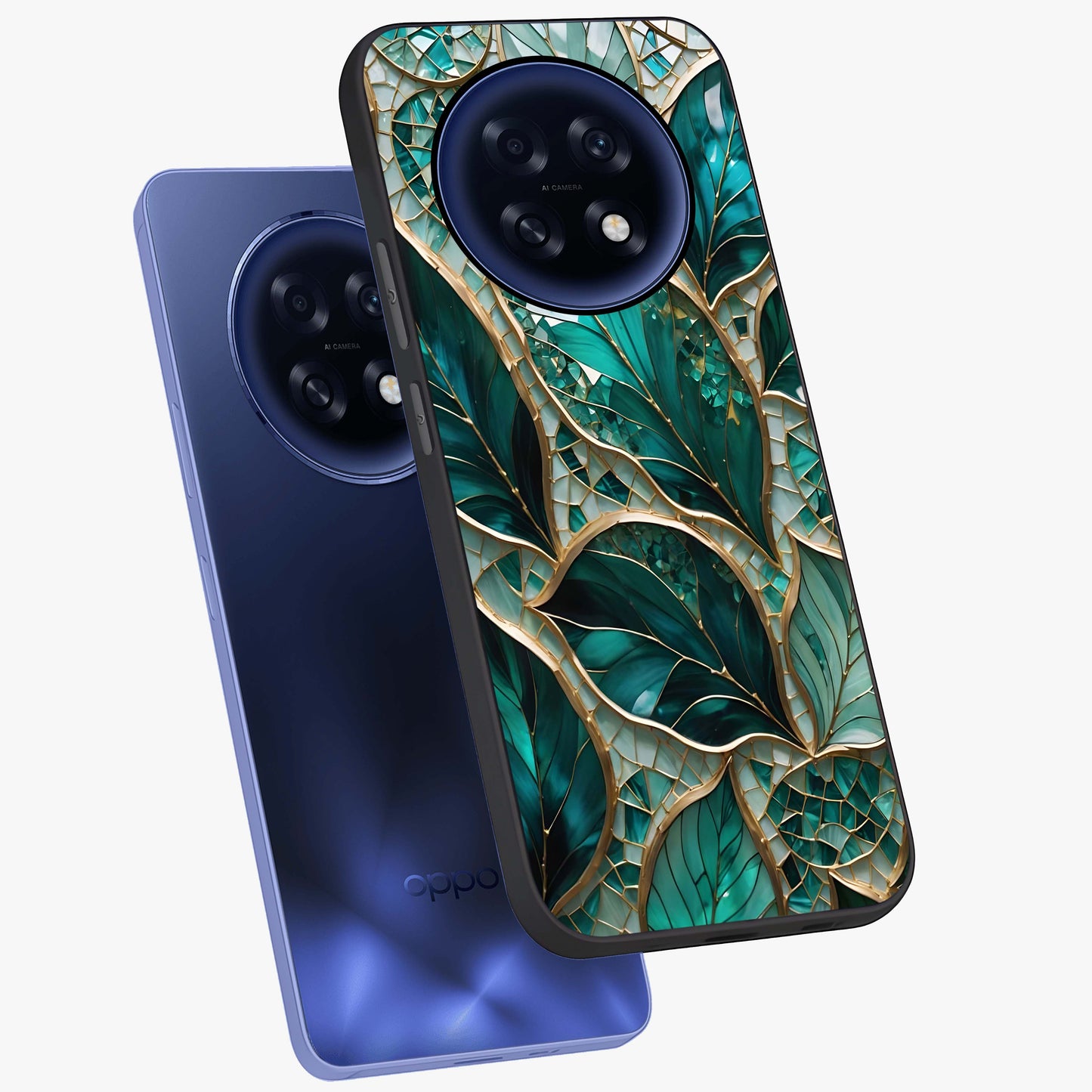 Emerald Leaf Glass Glass Case displayed in angled mockup highlighting botanical leaf illustration with elegant natural aesthetic.