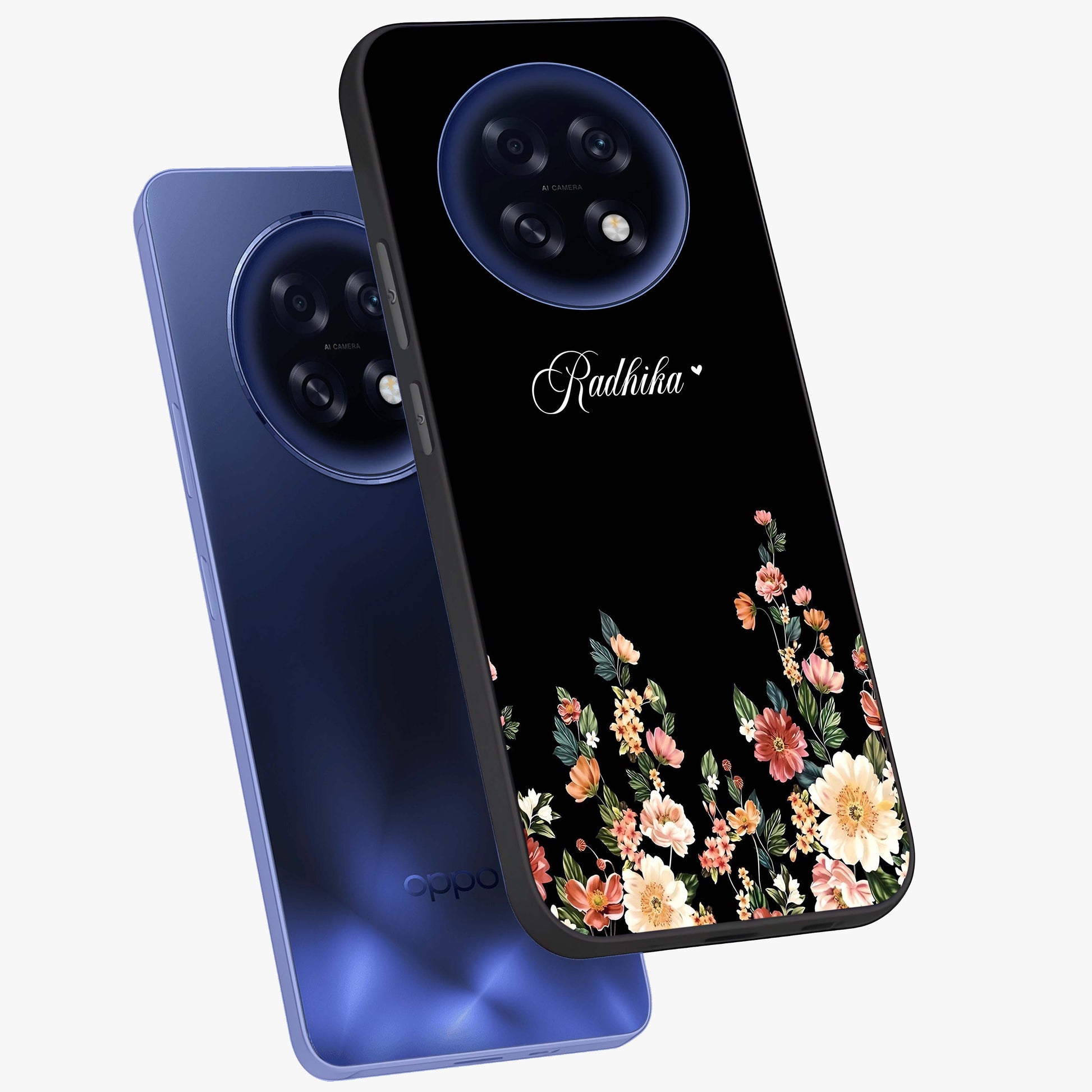 Floral Design With a Custom Personalized Name Glass Case displayed in angled mockup highlighting elegant floral pattern with custom name feature.