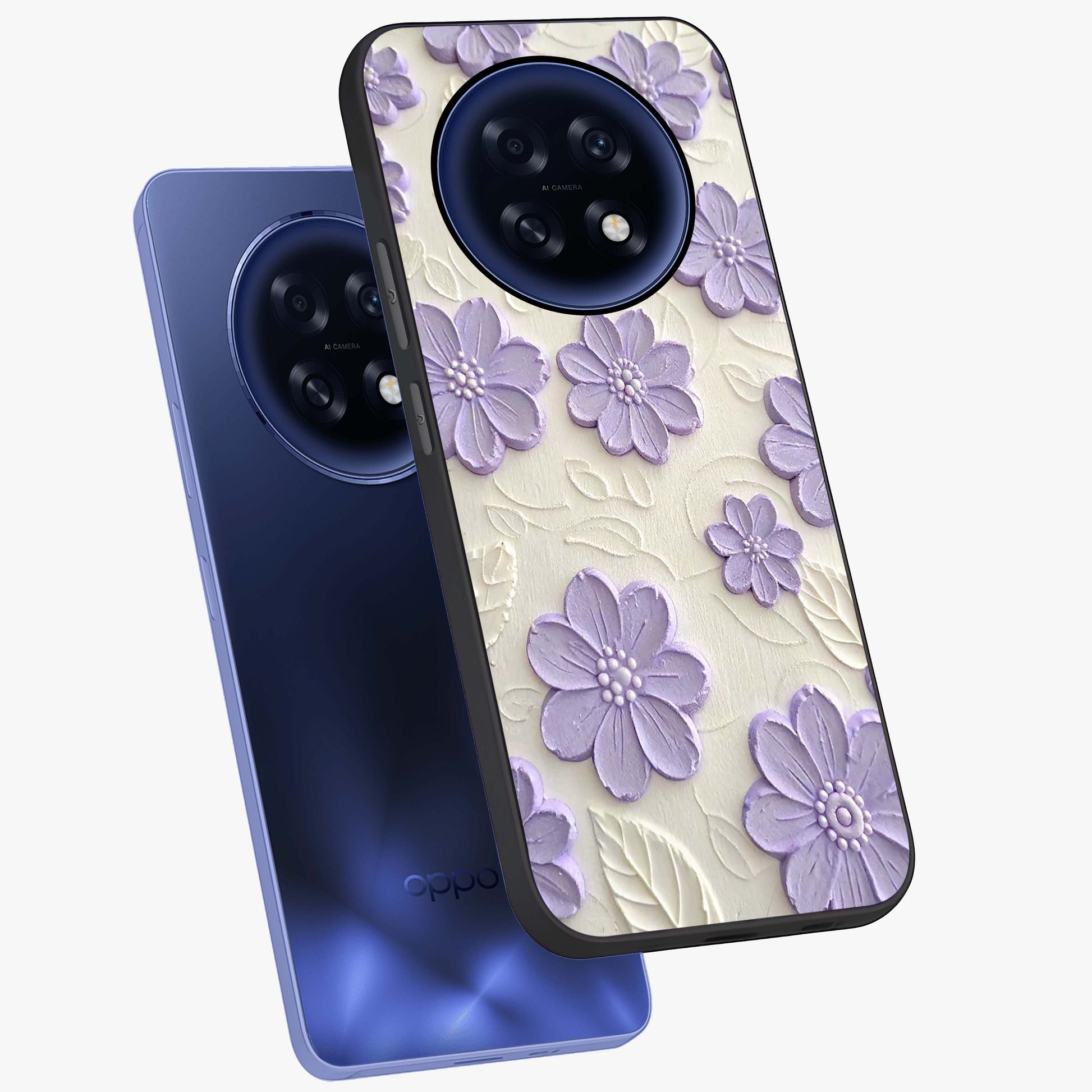 Floral Wall Art With Purple Flowers Glass Case displayed in angled mockup highlighting vibrant purple floral illustration with artistic aesthetic.