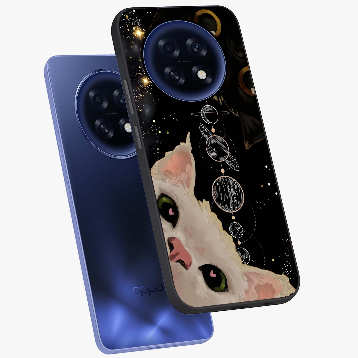 Galactic Cat Glass Case displayed in angled mockup highlighting celestial feline illustration with galaxy aesthetic style.