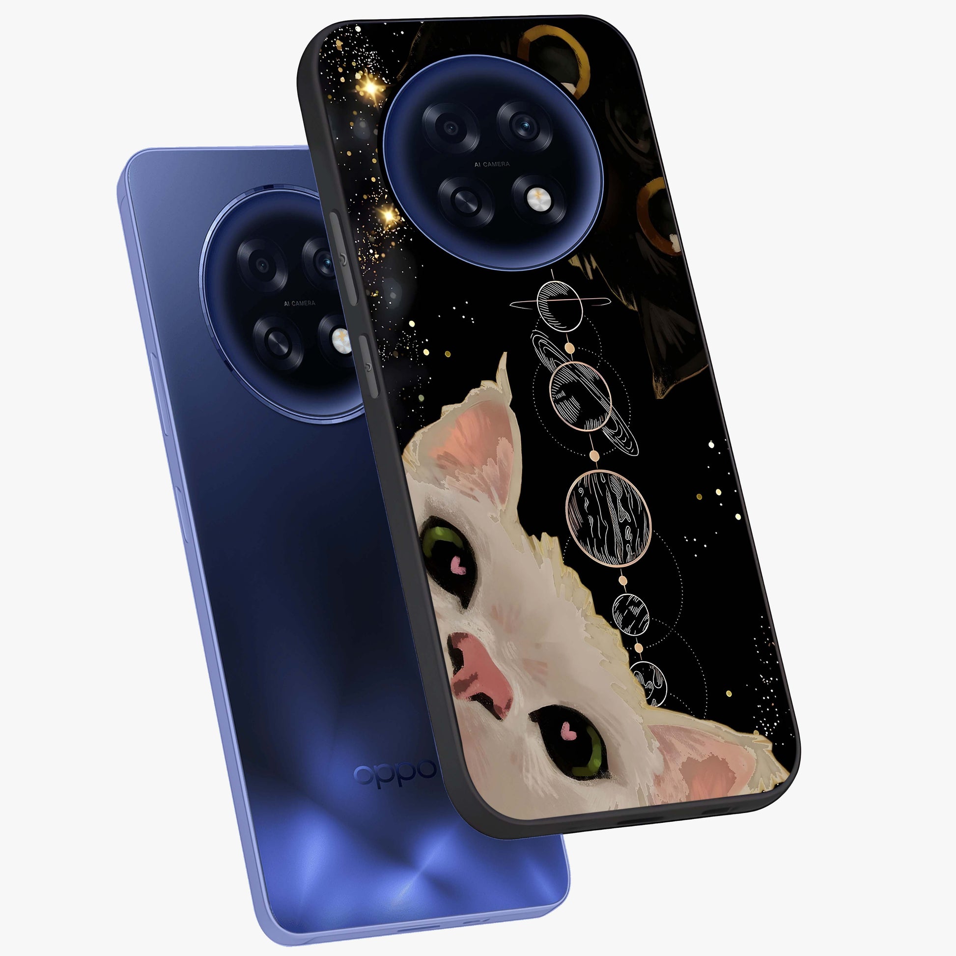 Galactic Cat Glass Case displayed in angled mockup highlighting celestial feline illustration with galaxy aesthetic style.