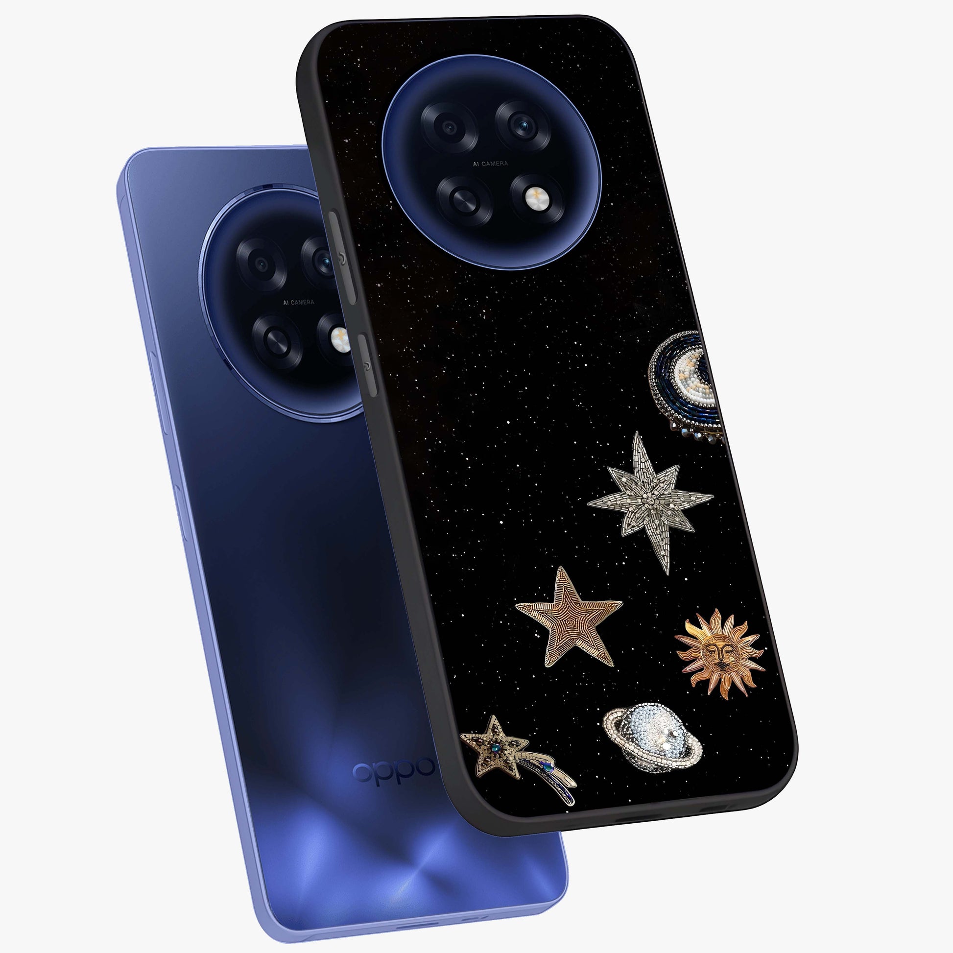 Galactic Charm Glow Glass Case displayed in angled mockup highlighting luminous galaxy inspired design with dreamy aesthetic.