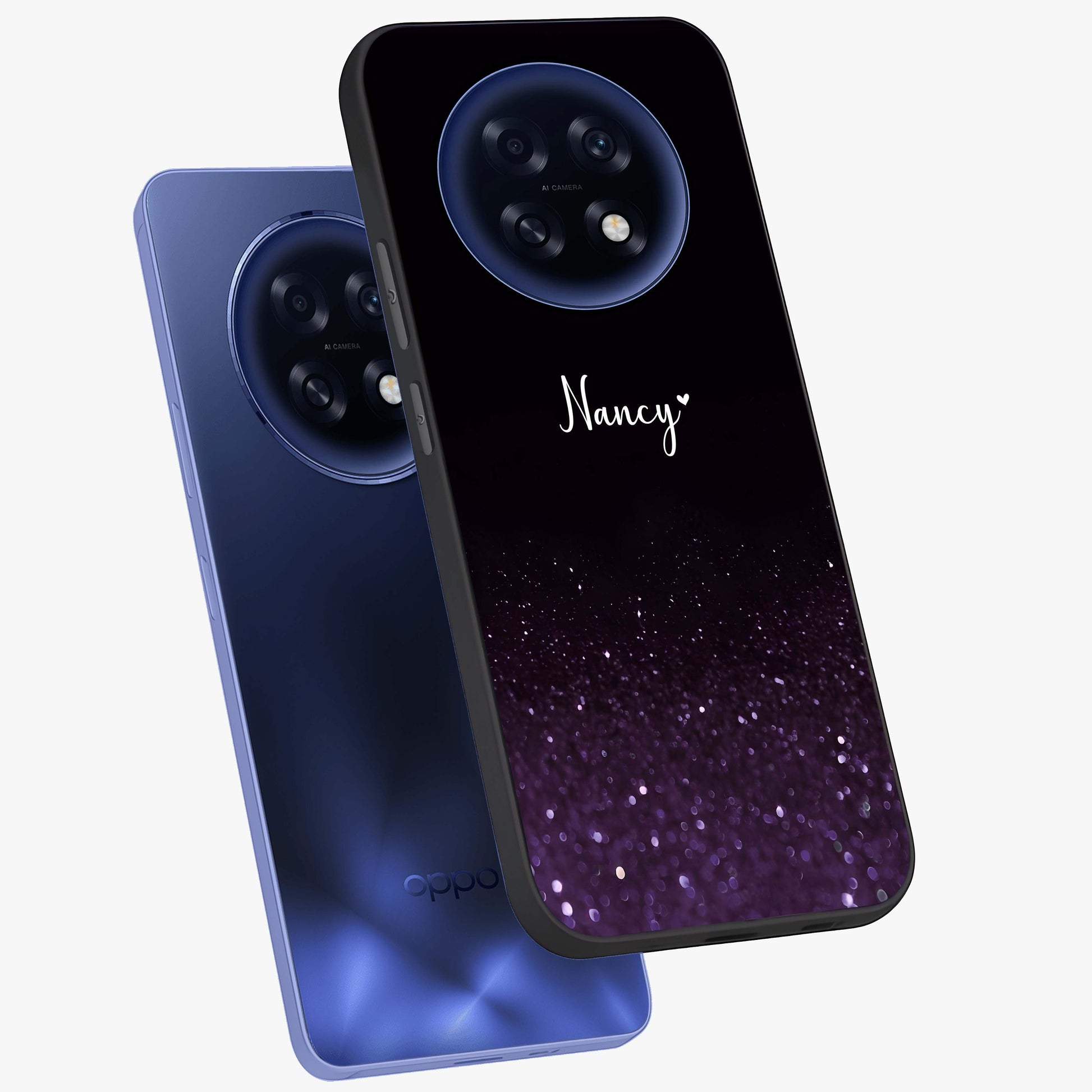 Glittery Purple Bokeh Custom Name Glass Case displayed in angled mockup highlighting glitter bokeh pattern with custom name feature.