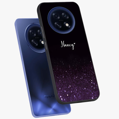 Glittery Purple Bokeh Custom Name Glass Case displayed in angled mockup highlighting glitter bokeh pattern with custom name feature.