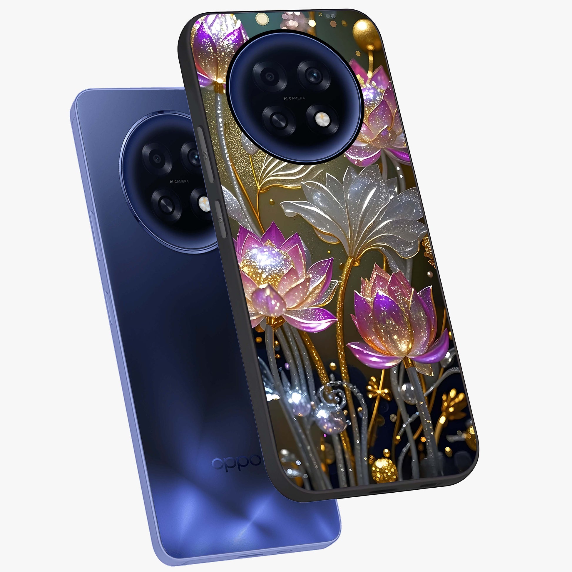 Golden Floral Majesty Glass Case displayed in angled mockup highlighting elegant flower design with royal golden aesthetic.