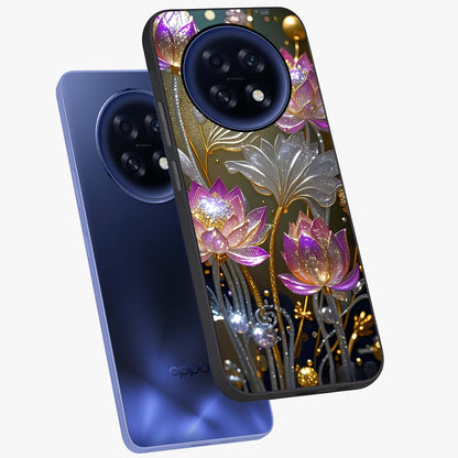 Golden Floral Majesty Glass Case displayed in angled mockup highlighting elegant flower design with royal golden aesthetic.