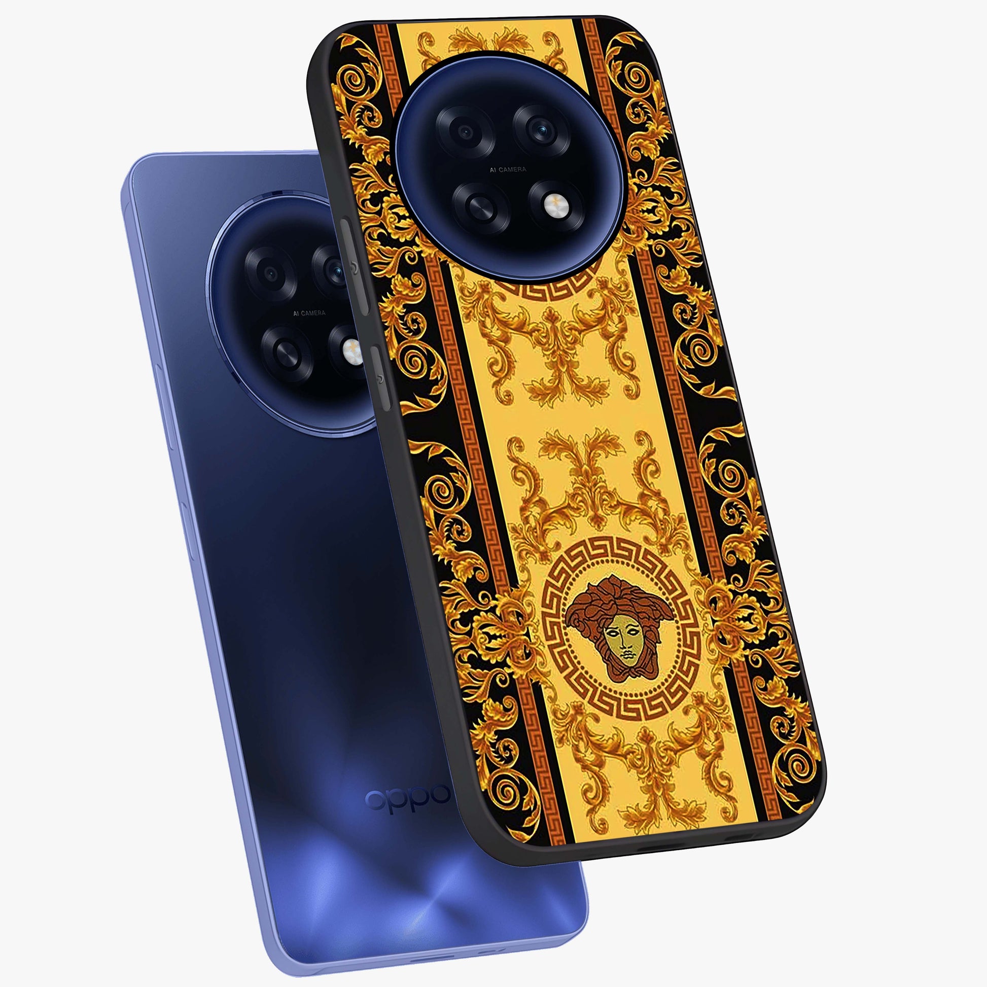 Golden Lotus Glow Glass Case displayed in angled mockup highlighting radiant lotus illustration with spiritual aesthetic.