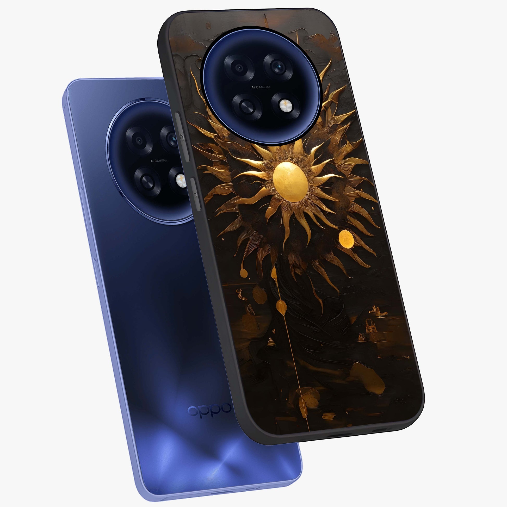 Golden Sun Majesty Glass Case displayed in angled mockup highlighting eerie shadow illustration with gothic aesthetic.