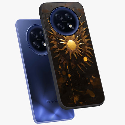 Golden Sun Majesty Glass Case displayed in angled mockup highlighting eerie shadow illustration with gothic aesthetic.