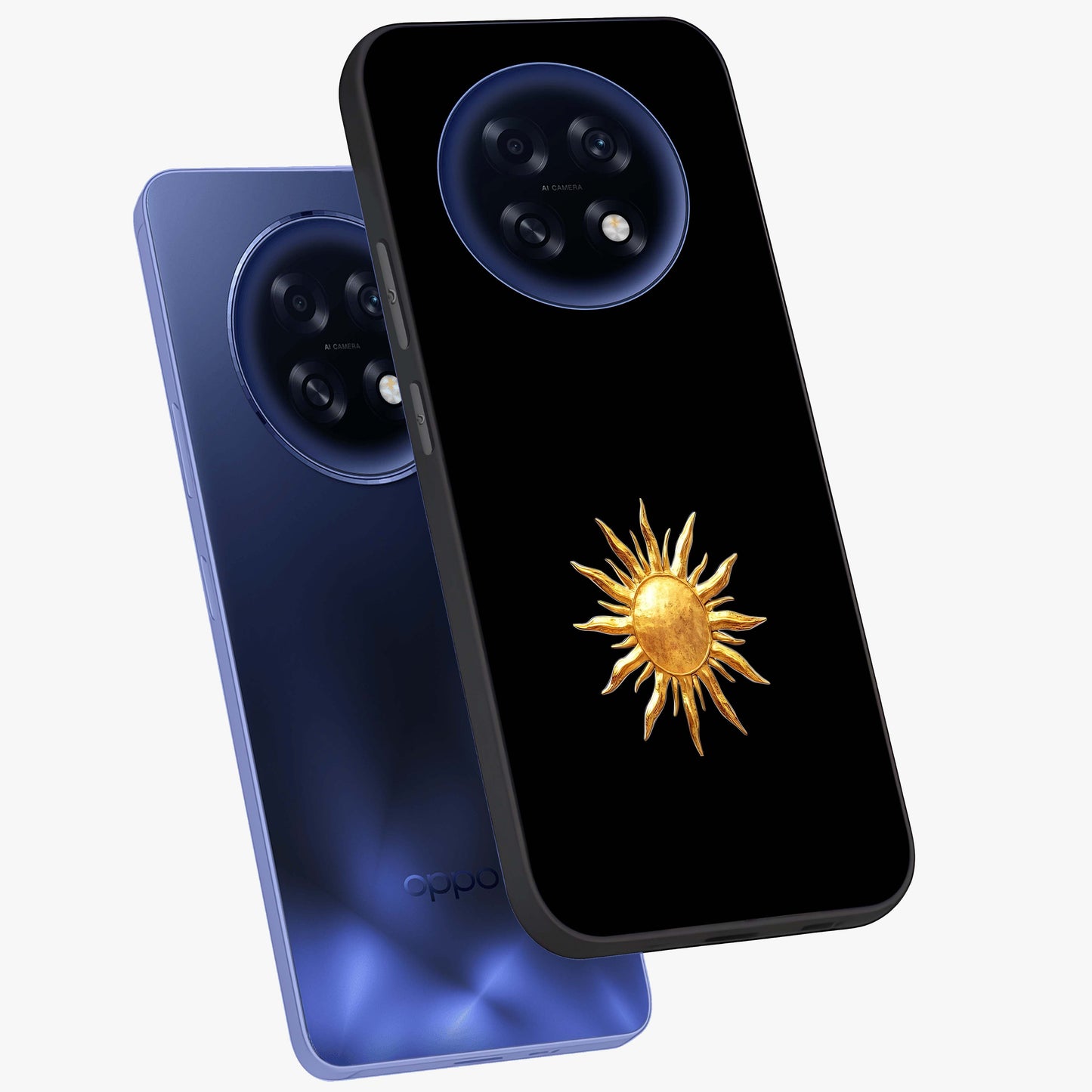 Golden Sun Minimalism Glass Case displayed in angled mockup highlighting eerie shadow illustration with gothic aesthetic.