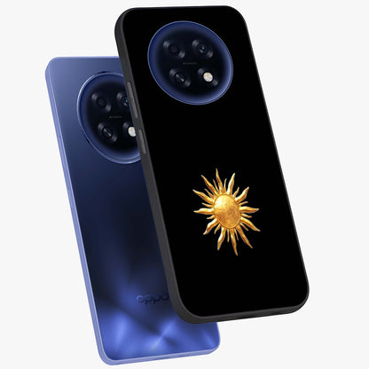 Golden Sun Minimalism Glass Case displayed in angled mockup highlighting eerie shadow illustration with gothic aesthetic.