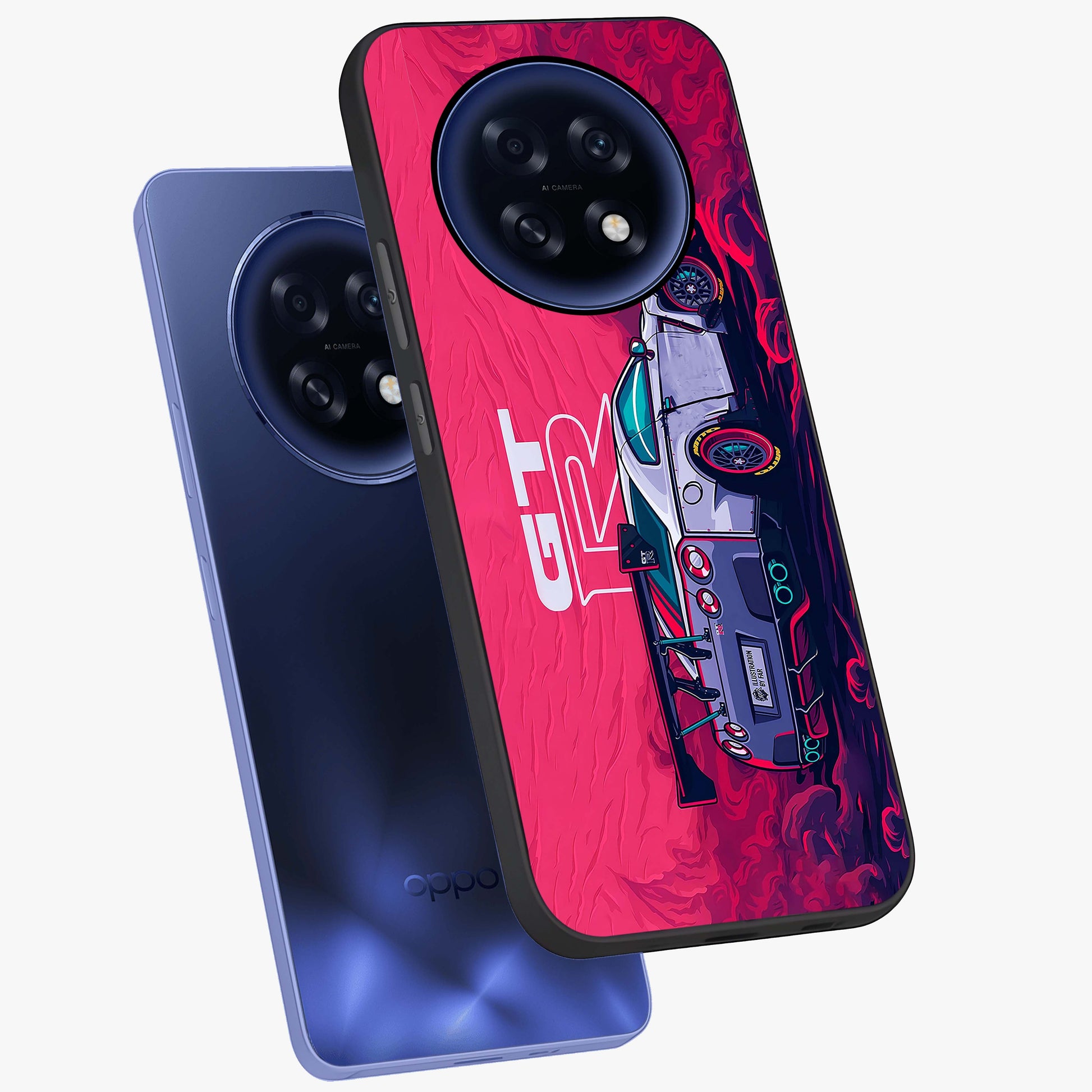 GT-R Car Pattern Glass Case displayed in angled mockup highlighting racing car graphic design with bold automotive aesthetic.