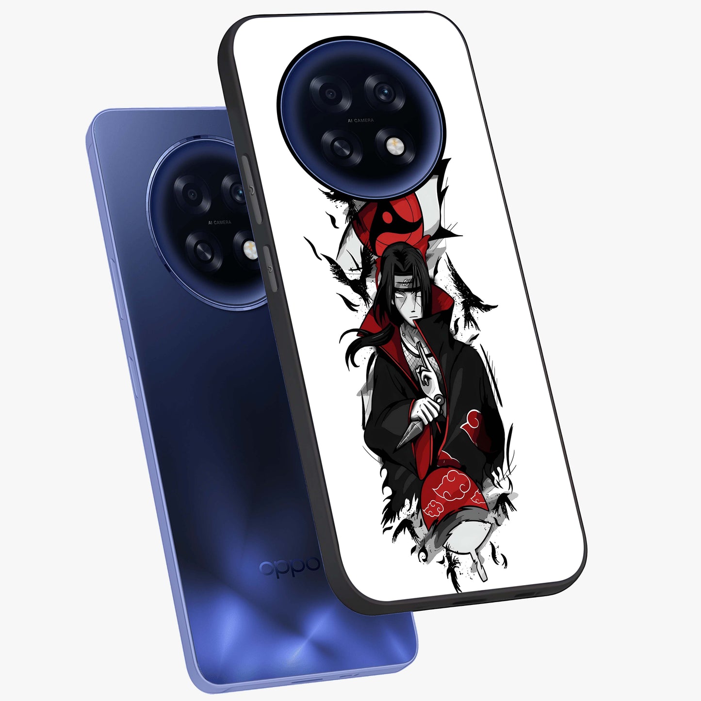 Itachi Limited Edition Naruto Anime Glass Case displayed in angled mockup highlighting dramatic anime illustration with bold action aesthetic.