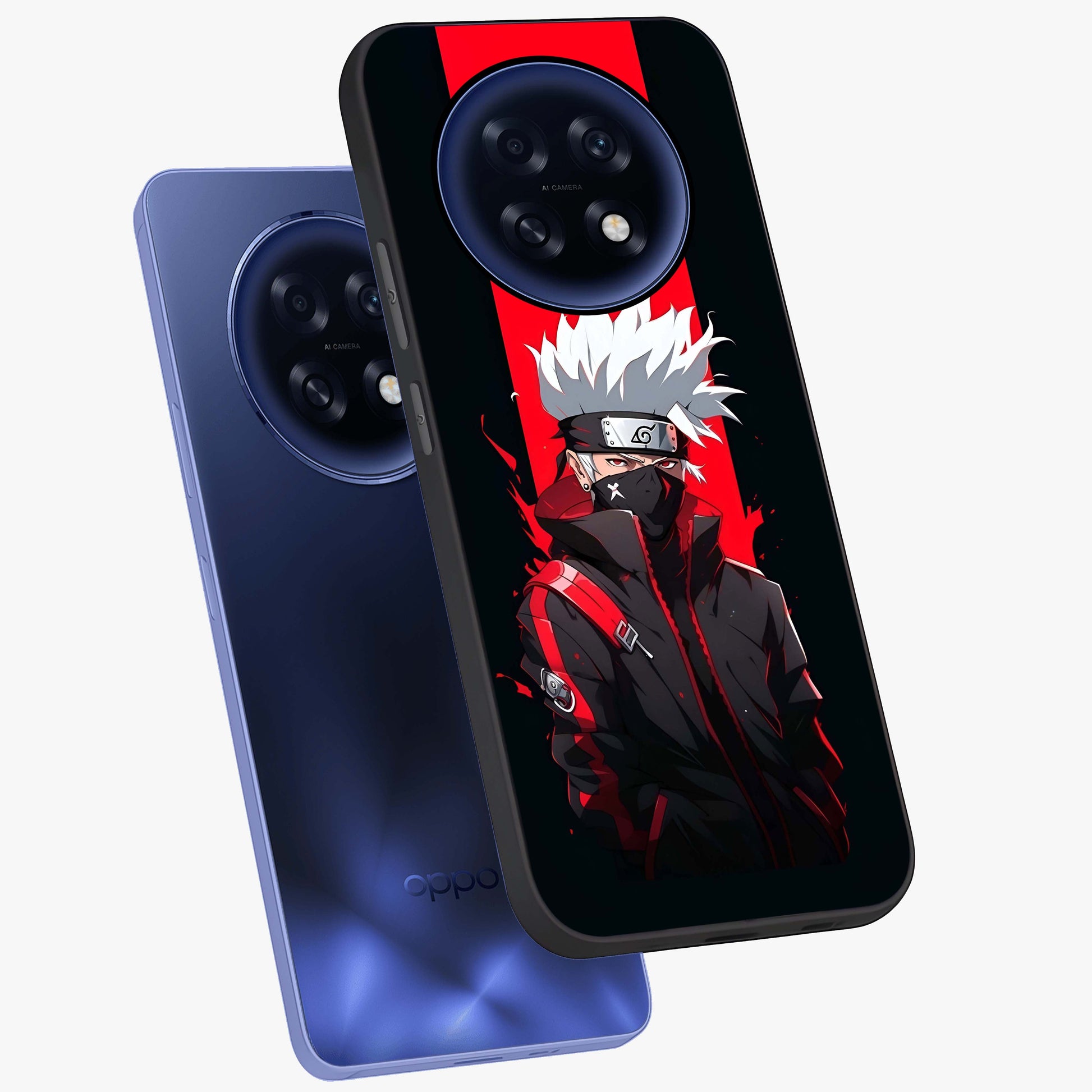 Kakashi Scarlet Shadow Glass Case displayed in angled mockup highlighting dramatic ninja illustration with scarlet themed aesthetic.