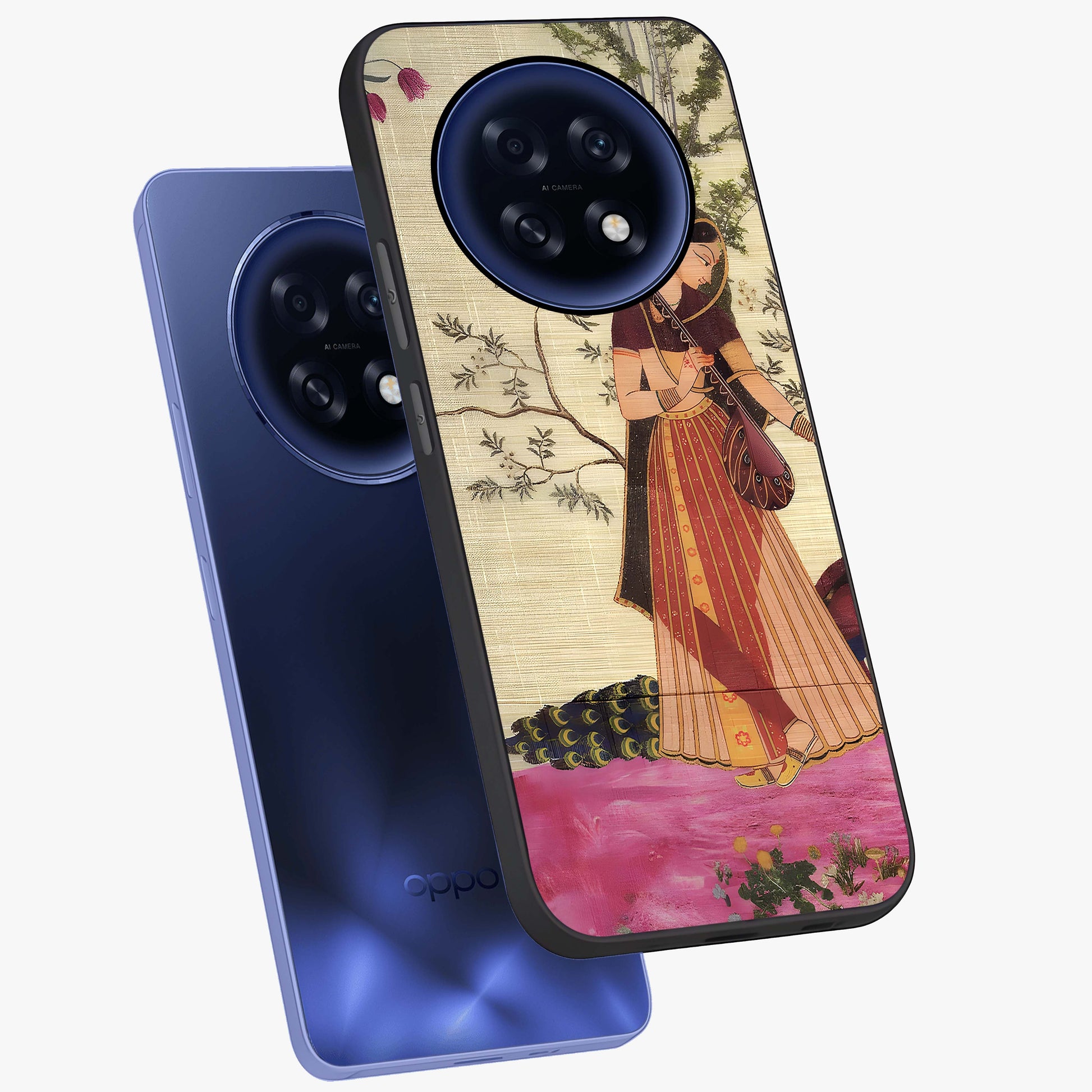Lady With Veena Art Glass Case displayed in angled mockup highlighting graceful musical illustration with cultural artistic aesthetic.
