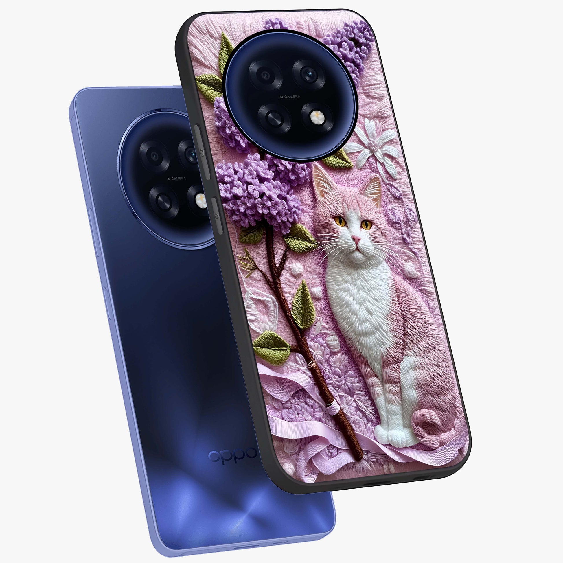 Lavender Cat Whimsy Glass Case displayed in angled mockup highlighting playful feline illustration with pastel lavender aesthetic.