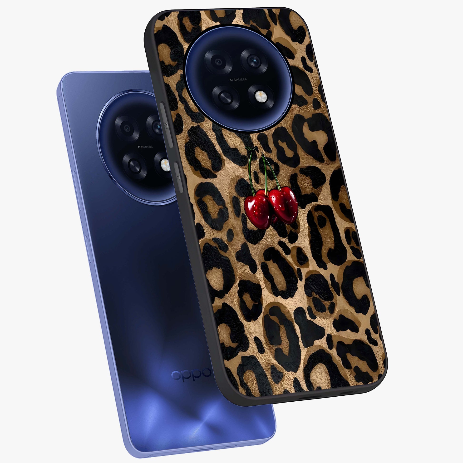 Leopard Wild Cherry Glass Case displayed in angled mockup highlighting bold animal print design with playful cherry aesthetic.