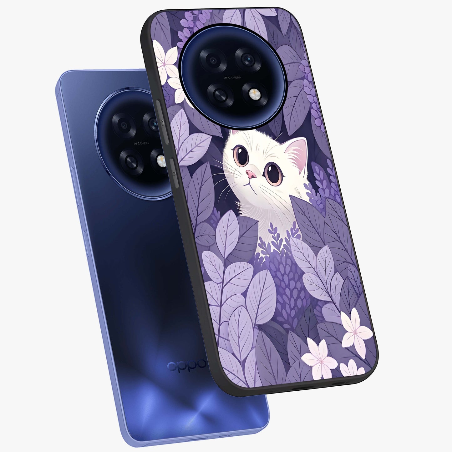 Lilac Hide Peek Cat Glass Case displayed in angled mockup highlighting playful feline illustration with lilac aesthetic design.