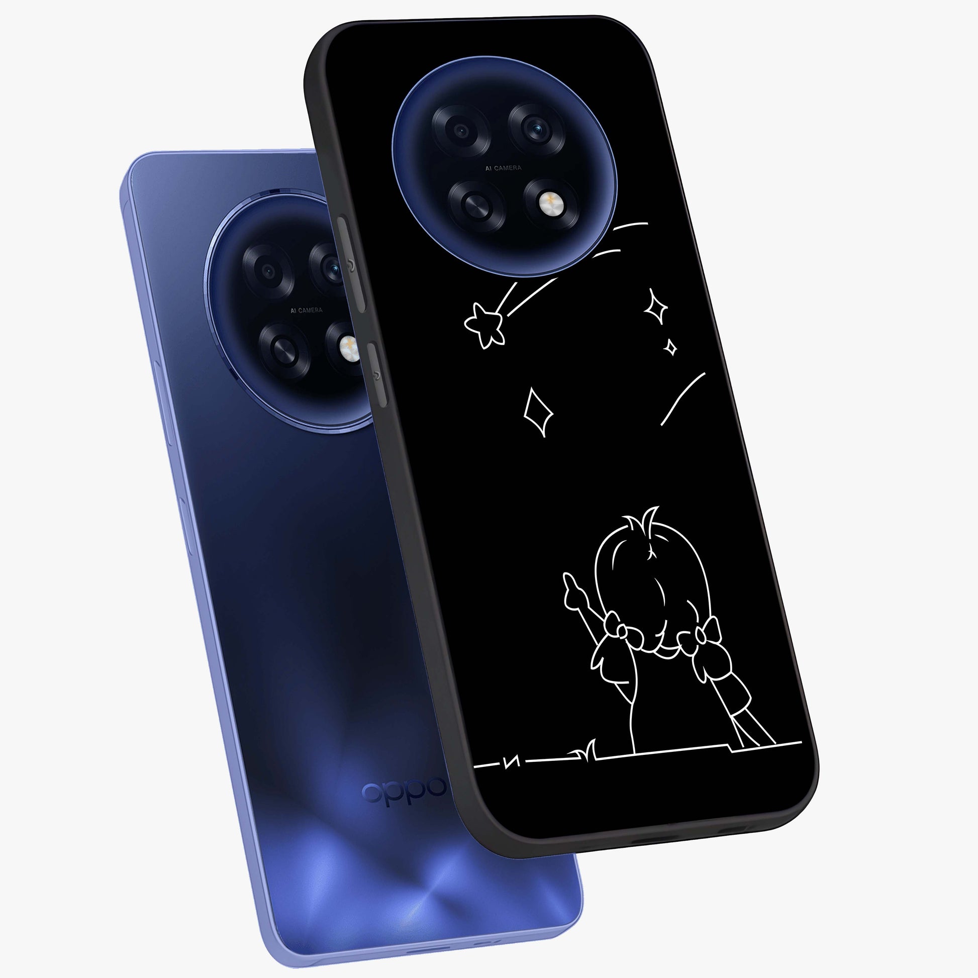 Line Art Girl With Shooting Stars Glass Case displayed in angled mockup highlighting elegant line art design with dreamy star aesthetic.