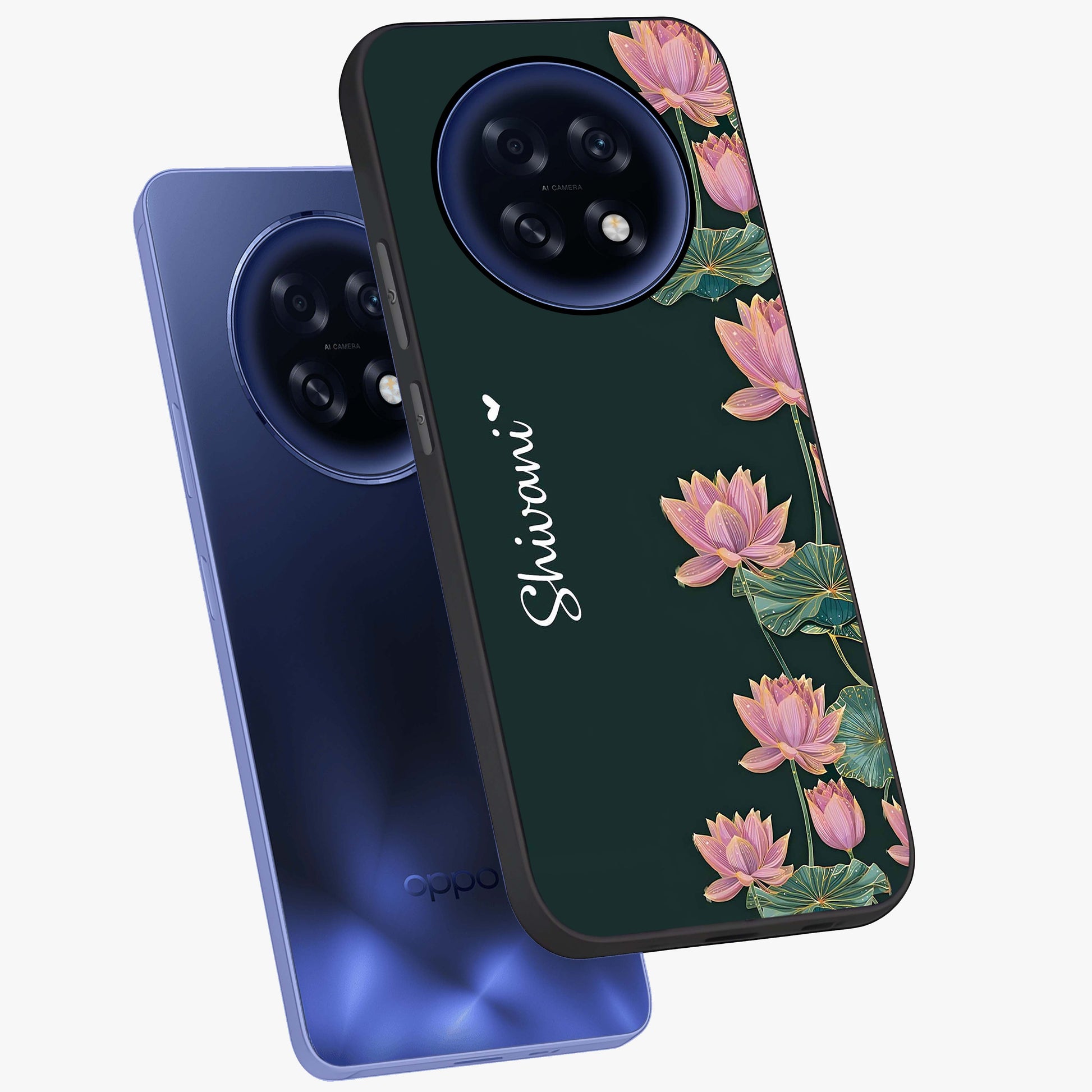 Lotus Bloom Serenity Custom Name Glass Case displayed in angled mockup highlighting graceful lotus illustration with custom name feature.